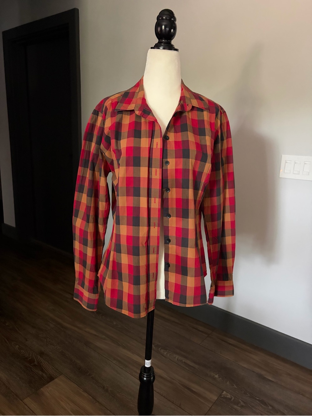 Härkila Plaid Button-Up Shirt in Red, Orange, and Black